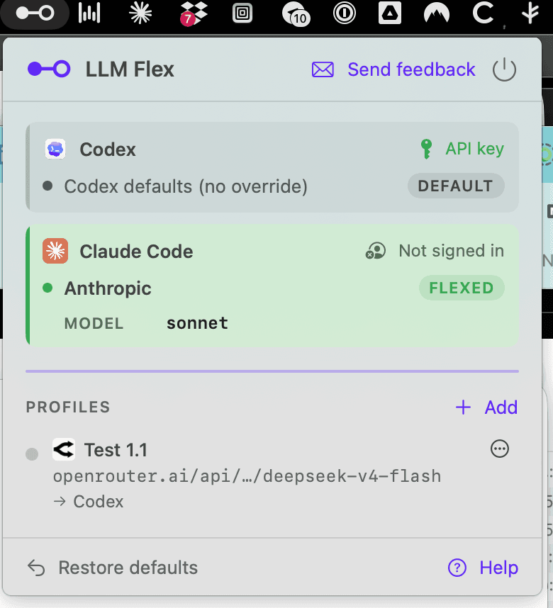 The LLM Flex menu, showing the active model for Codex and Claude Code