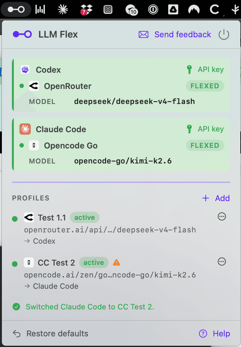 Both tools flexed: Codex on OpenRouter, Claude Code on Opencode Go